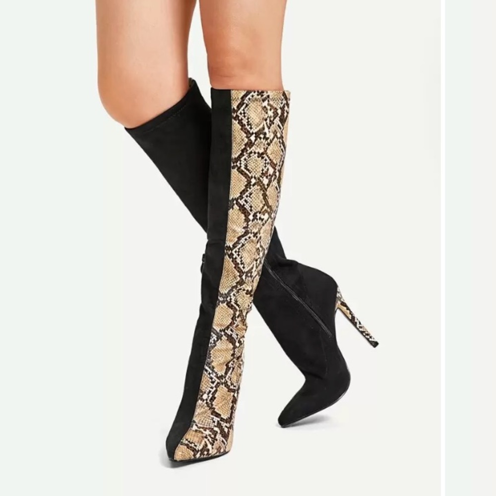 Two tone knee high snake boots